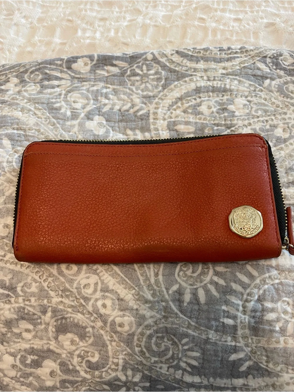 Vince Camuto orange brown zip around Wallet gold emblem soft leather